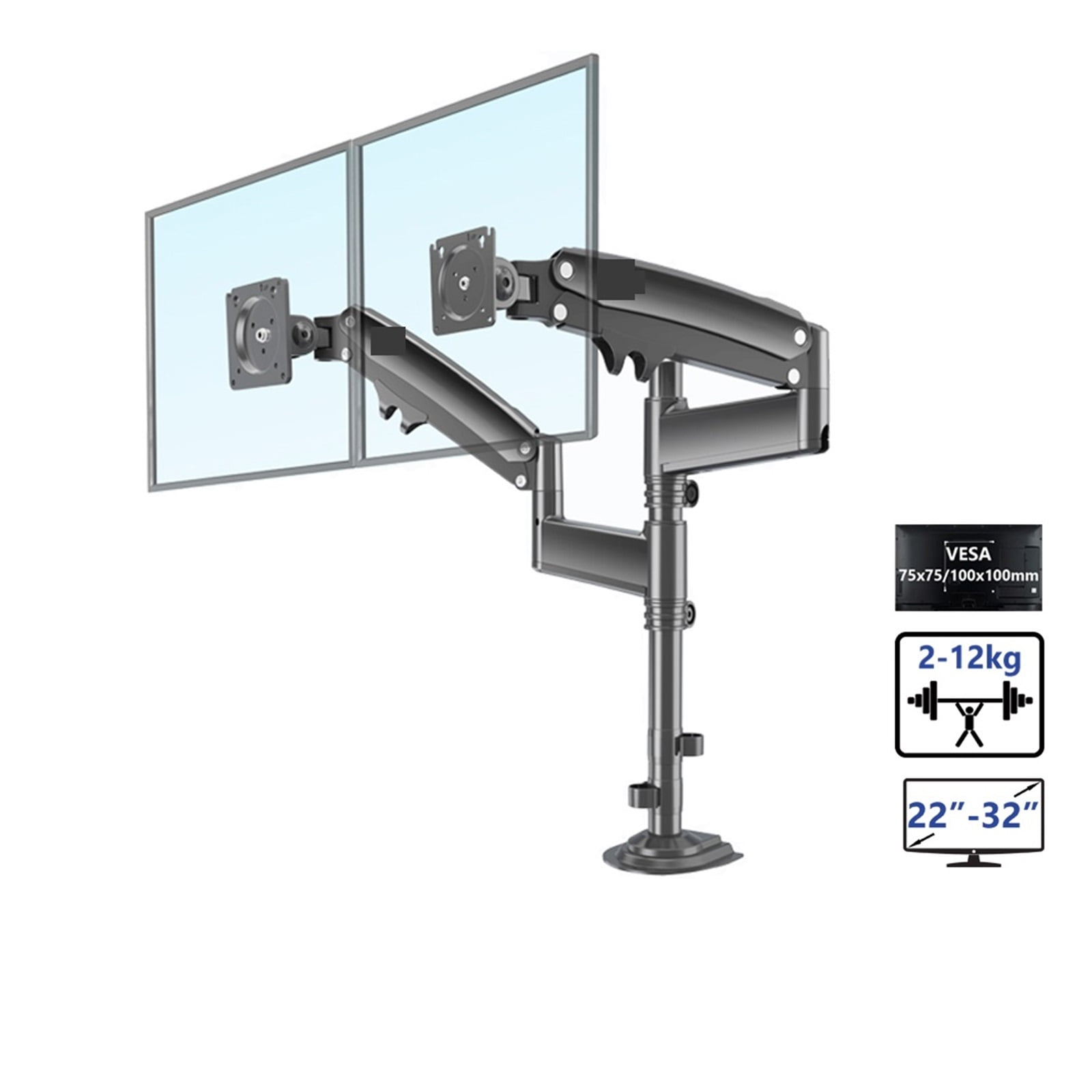 22"-32"Double Monitor Desk Holder Arm Gas Spring Full Motion LCD TV Mount 2-12kg Ergonomica Dual Arm Clamp Bracket ,Flexible and Strong Support