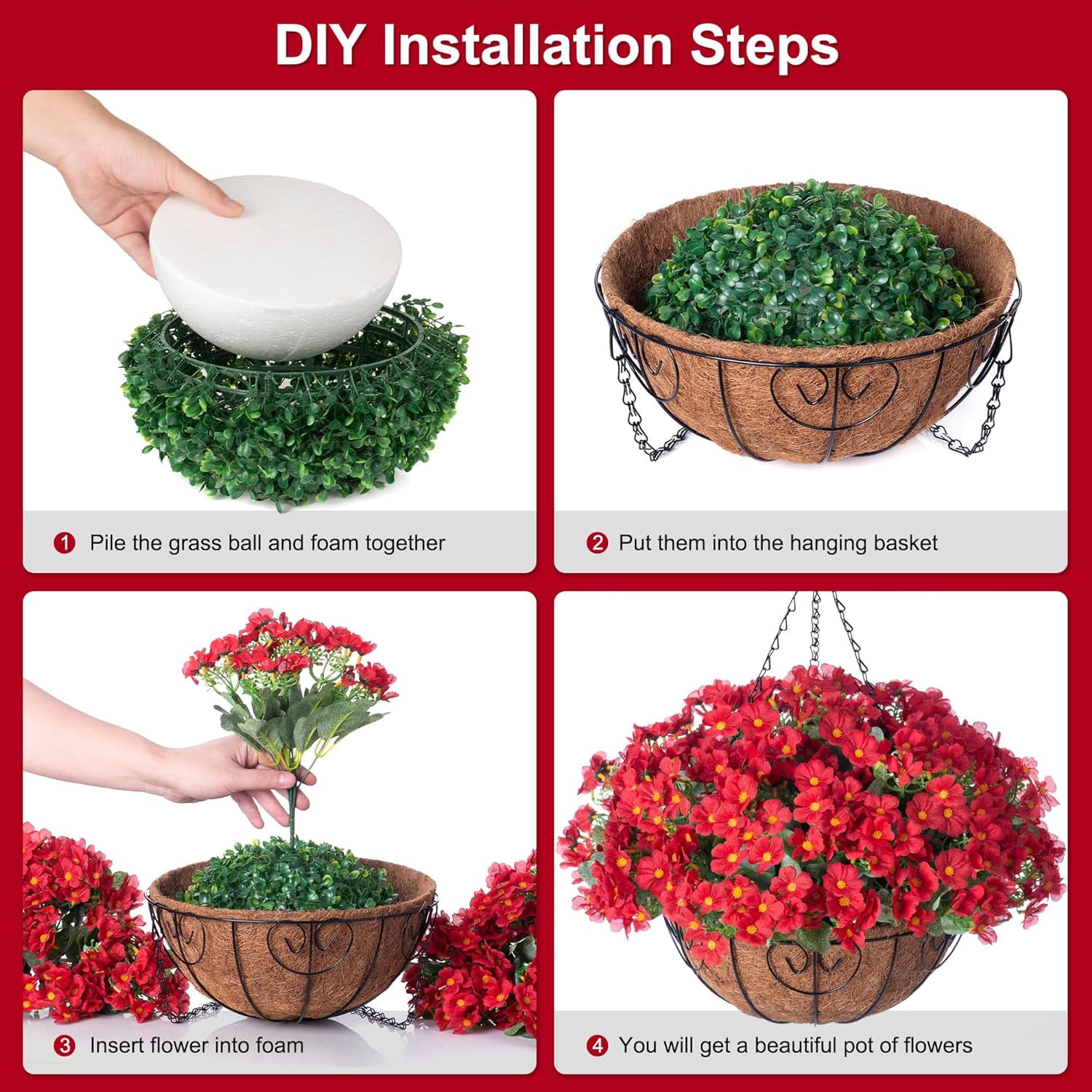 Artificial Hanging Flowers Basket for Spring Outdoor Outside Decoration, Fake Silk Colorful Daisy Eucalyptus in Planter UV Resistant Look Real for Home Patio Yard(Darkorchid)
