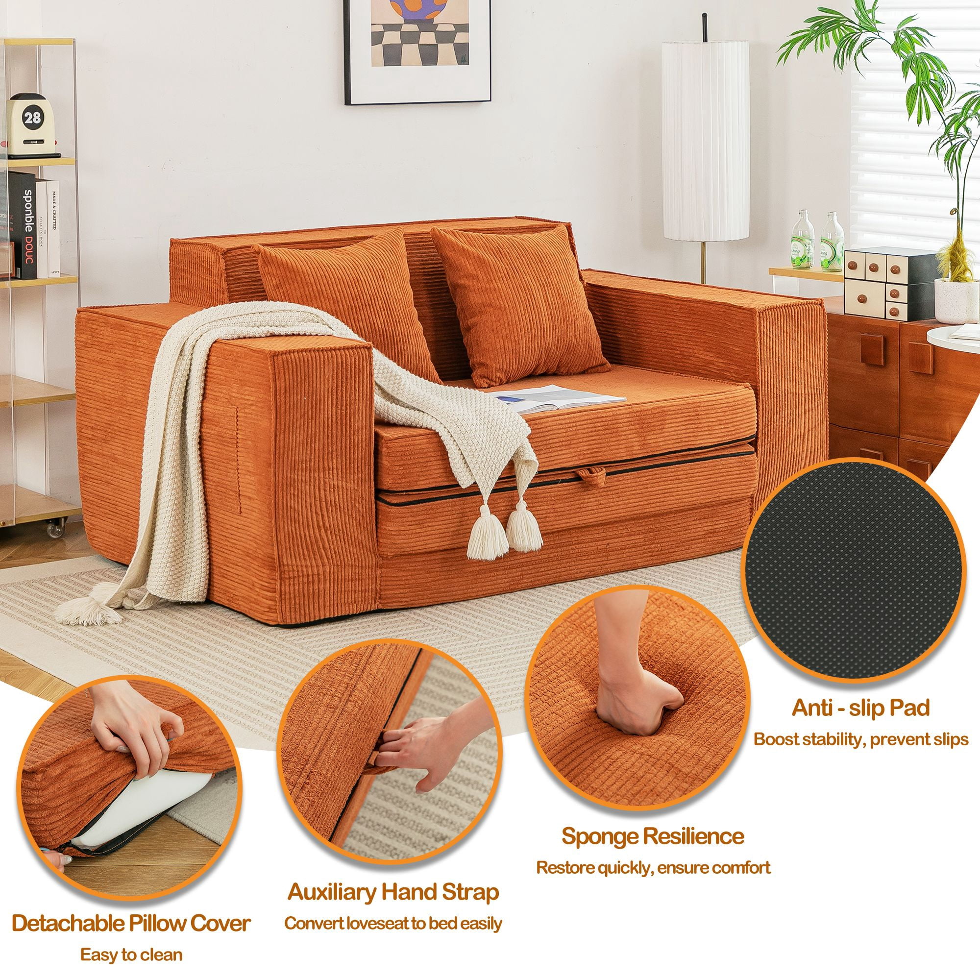 Vicluke Convertible Memory Foam 3-seat Sofa & Loveseat, Pull Out Sleeper Sofa Bed, 2 in 1 Folding Couch Bed, Fold Out Floor Couch Corduroy Fabric with Pillows for Living Room Bedroom Lounge(Tan)