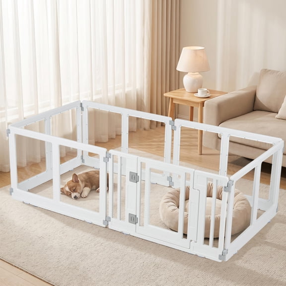 6-Panel Clear Plastic Dog Playpen with Lockable Door, Transparent HDPE Pet Fence, DIY Configurable Exercise Pen with Ground Stakes for Small & Medium Dogs Indoor Outdoor
