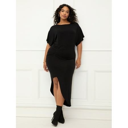 ELOQUII Elements Women's Plus Size Dolman Sleeve Ruched Dress