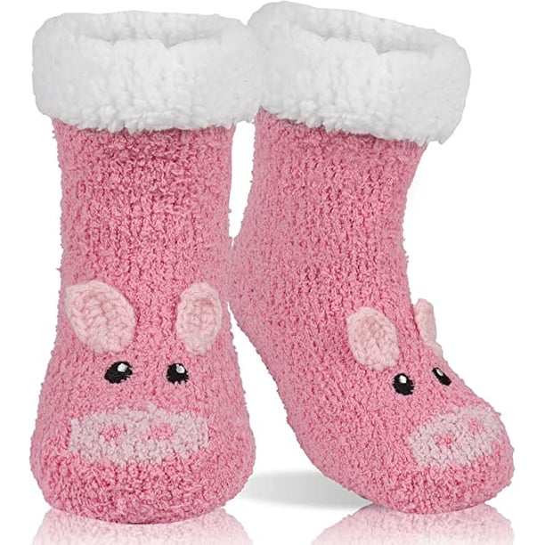 Enfants Pantoufles Chaussettes Pantoufles Chaussettes Moelleuses, Garçon  Fille Mignonne Chaussettes d'Animaux Chaude Épaisse Polaire Doublée  Chaussettes Lit Antidérapant Confortable Hiver, Rose, L 