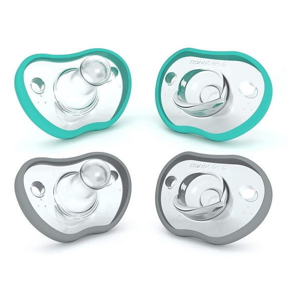 Nanobebe Baby Pacifiers 0-3 Month - Orthodontic, Curves Comfortably with Face Contour, Award Winning for Breastfeeding Babies, 100% Silicone, Baby Registry Gift 4pk,Teal/Grey
