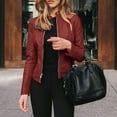 thumbnail image 2 of XFLWAM Women's Faux Leather Cropped Jacket Zip Up Long Sleeve Motorcycle Coat Plus Size Fashion Jacket Wine Red XL, 2 of 7