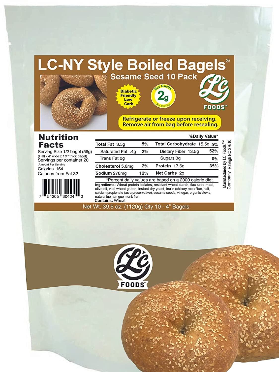 LC Foods Low Carb Sesame Seed Bagels, NY Style, 10 Pack