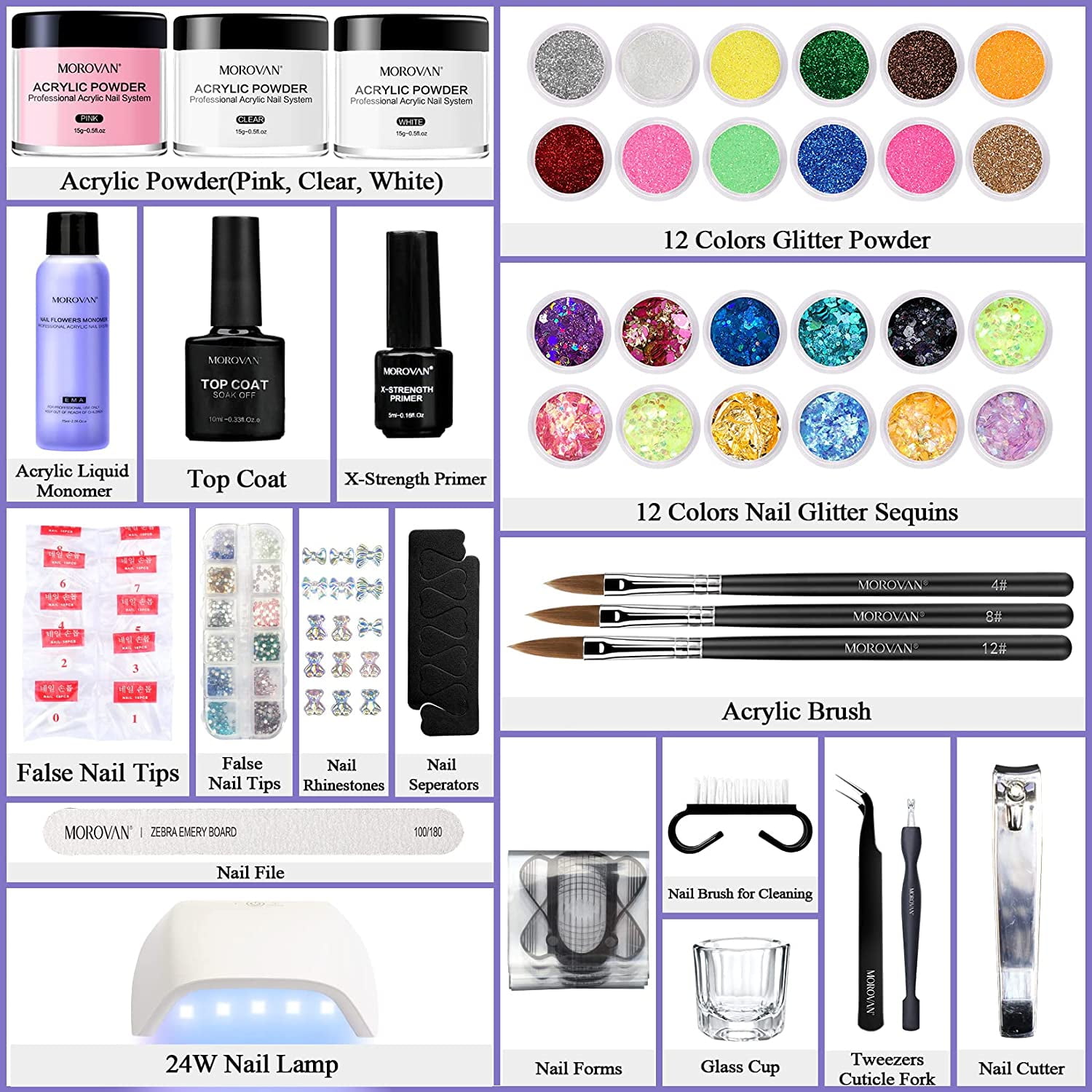Morovan Acrylic Nail Kit Glitter Acrylic Powders Monomer Liquid Set Professional with Everything with Lamp Nail Tips Acrylic Brushes DIY Nail Decoration Tools