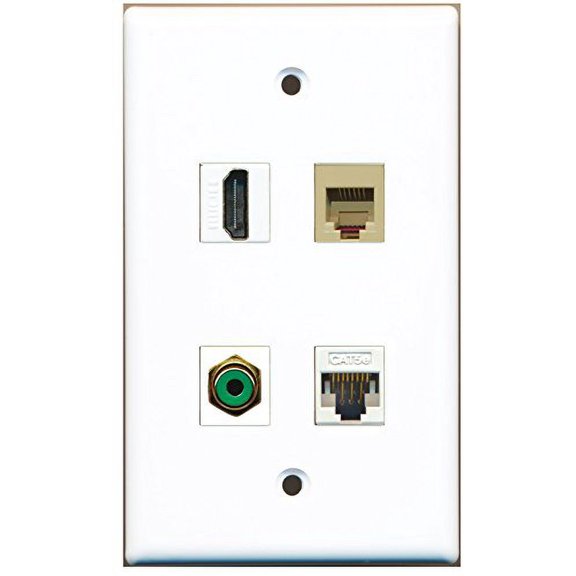 RiteAV - 1 Port HDMI 1 Port RCA Green 1 Port Phone RJ11 RJ12 Beige 1 Port Cat5e Ethernet White Wall Plate