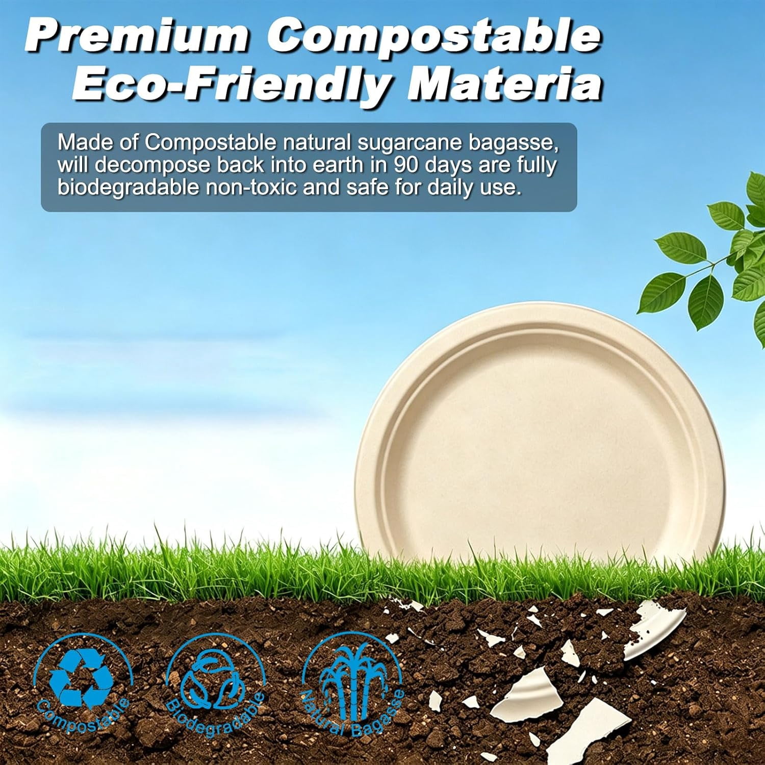 Disposable small paper plates 6-inch (brown) - 100 pack heavy duty natural sugarcane plates, compostable & leak-proof, microwave safe for birthday party desserts & appetizers & picnic snacks, BBQ