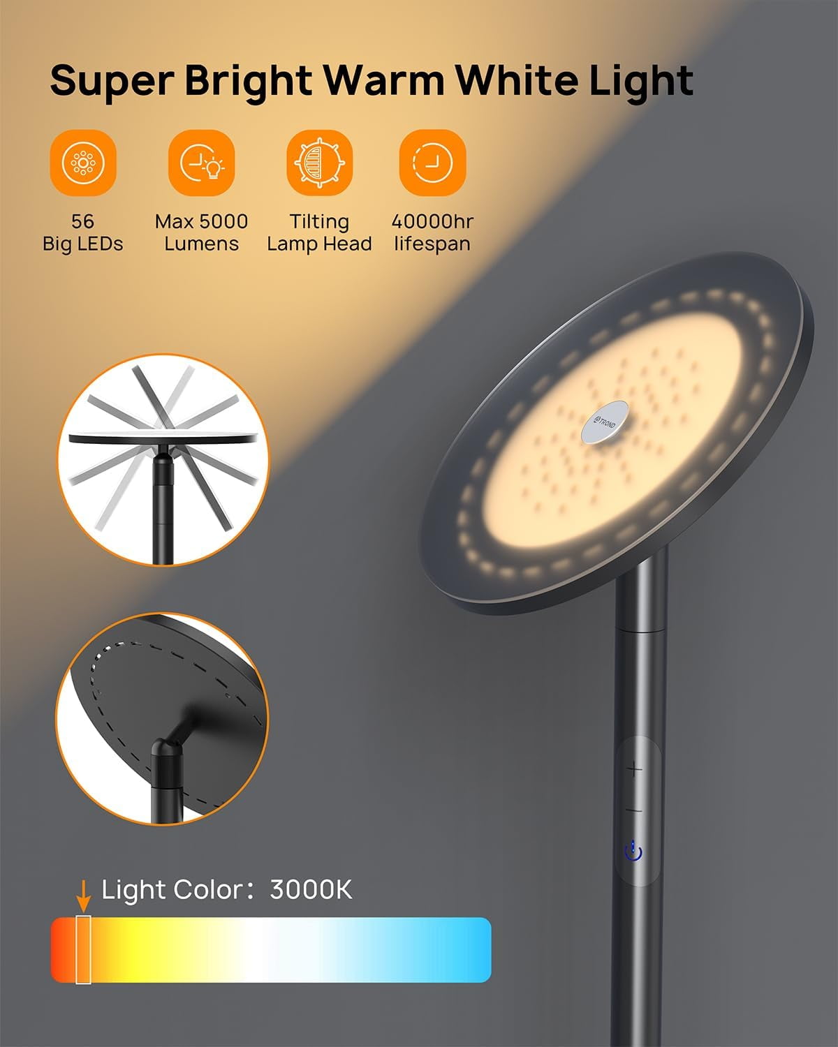 TROND LED Torchiere Floor Lamp, Dimmable 30W, 3000K Warm White Light Max.5000lm, 5-Level Black