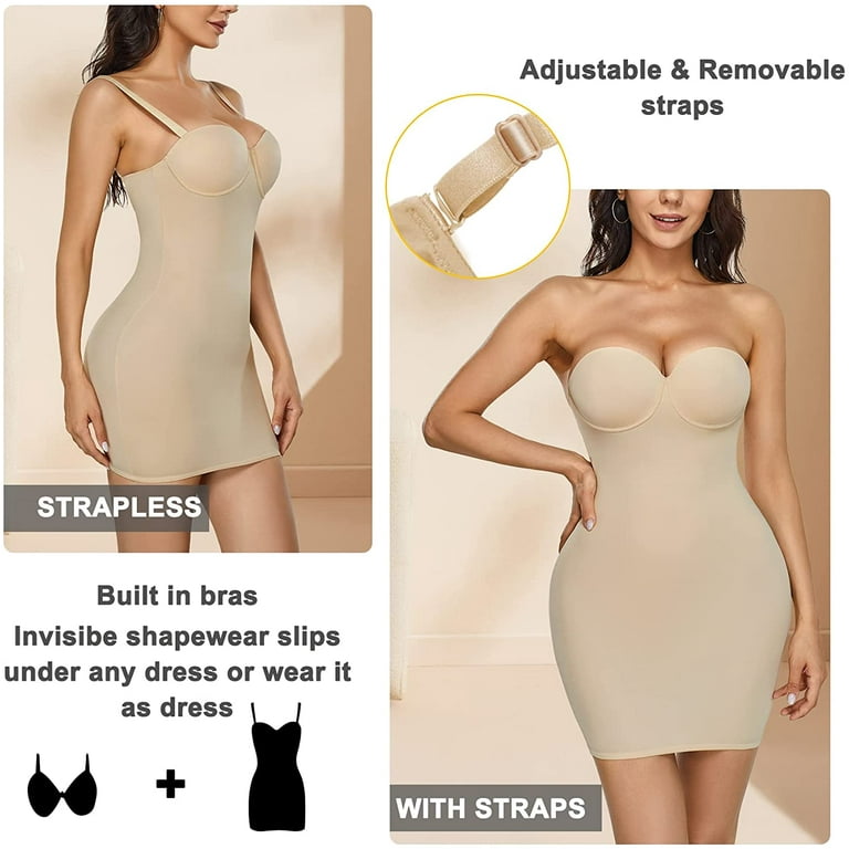 Molutan Women Full Slip Shapewear Bodysuit for Under Dresses Lingerie Tummy  Control Body Shaper Slimming Girdle Built In Bra(Beige, 3XL) 