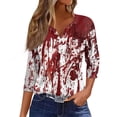 thumbnail image 1 of Blusa informal holgada con cuello en V, mangas 3/4 y botones para mujer, con efecto tie-dye, en rojo y blanco, 1 of 5