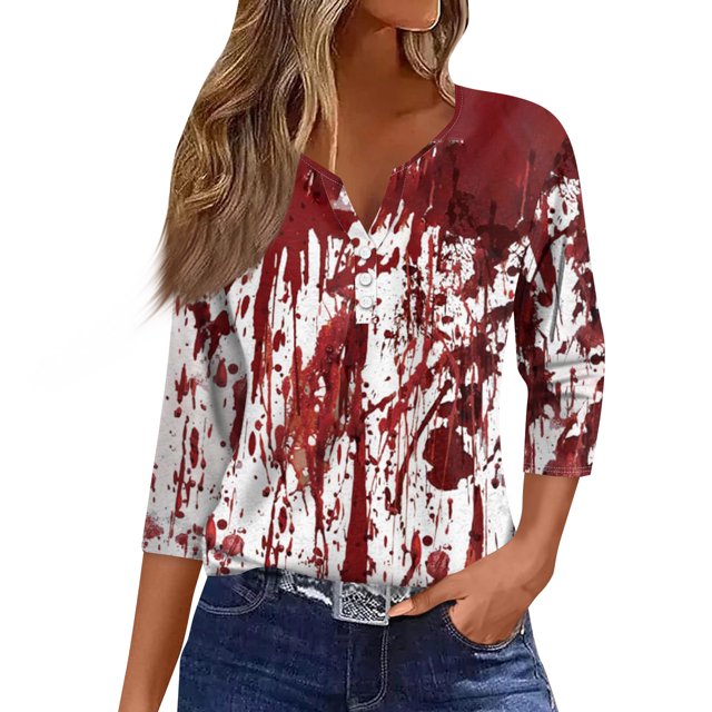 Blusa informal holgada con cuello en V, mangas 3/4 y botones para mujer, con efecto tie-dye, en rojo y blanco