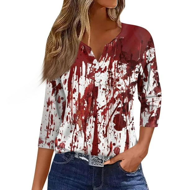 Blusa informal holgada con cuello en V, mangas 3/4 y botones para mujer, con efecto tie-dye, en rojo y blanco