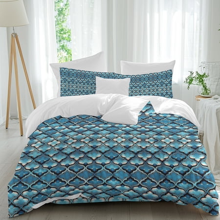 Teal Gradient Comforter Set Full Size Abstract Flowers Geometric Texture Soft Bedding Set for Man Woman 4 Pieces Duvet Cover Set with Fitted Sheet 2 Pillowcases