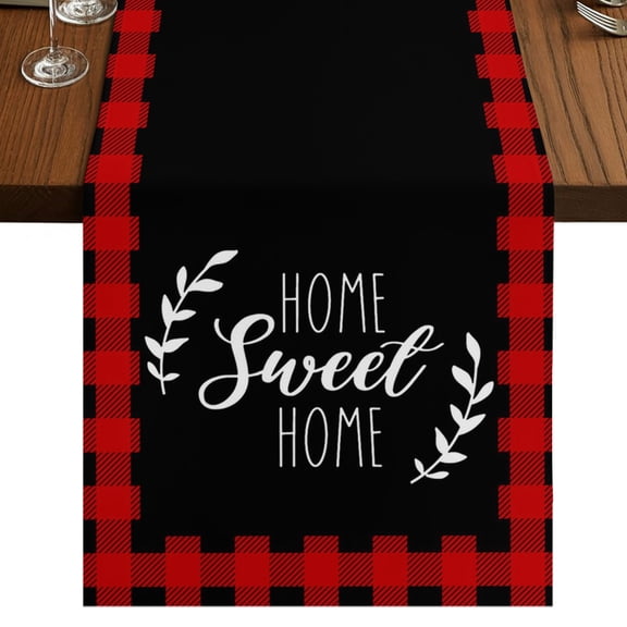 Home Sweet Buffalo Plaid Burlap Cotton Table Runner 13x60 Inches Long, Farmhouse Black Red Checker Farmhouse Table Runners, Outdoor Dining Tablecloths Decor for Baby Shower/Party/Wedding