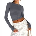 thumbnail image 2 of Tops Cortos Ajustados para Mujer para Salir, Informales, de Color Liso, con Cuello Redondo, Larga, Ajustados, Ropa de Calle Básica Gris L, 2 of 8