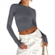 thumbnail image 2 of Tops Cortos Ajustados para Mujer para Salir, Informales, de Color Liso, con Cuello Redondo, Larga, Ajustados, Ropa de Calle Básica Gris L, 2 of 8