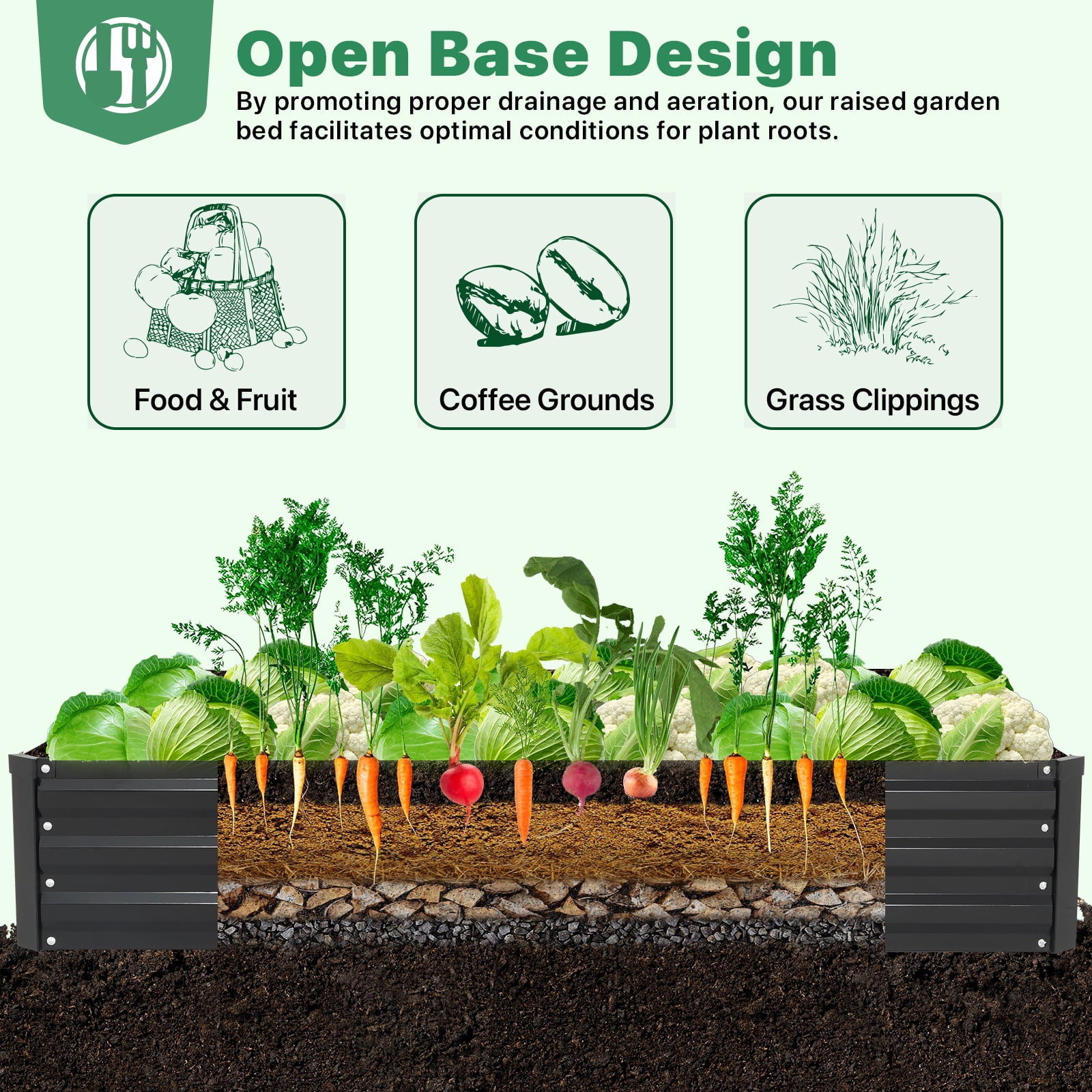 AMOBRO 8x4x1ft Outdoor Metal Raised Garden Bed Planter Box for Vegetables, Flowers, Herbs w/ 3 Tomato Cages Black