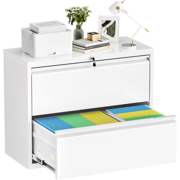 Crownland Lateral File Cabinet with 2 Drawers, 28" W Metal Lockable File Cabinets for Home Office, Office Cabinet for Storage Legal/Letter/A4/F4 Files(White)