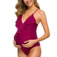 thumbnail image 3 of Ecavus One Piece Maternity Swimsuits Ruffle Deep V Neck Swimwear Wine Red XL, 3 of 5