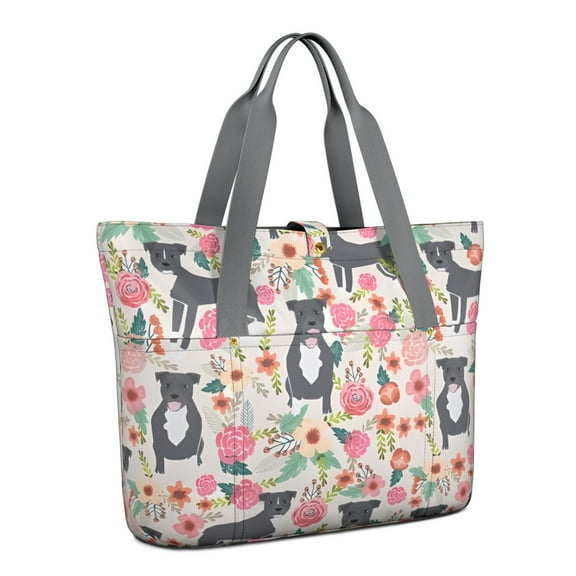 Tote Bag for Women - Boston Terrier Dog with Flower Shoulder Bag - Large Utility Work Duffle Bag with Zipper Handbag for Travel, Work, Sprots