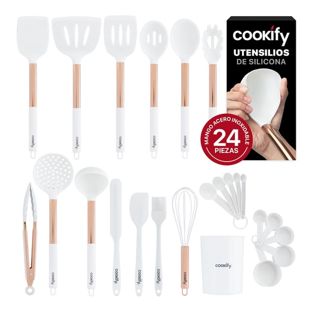 Juego de Utensilios de Cocina Silicona y Acero Inoxidable, 24 pzas (Blanco/Oro Rosa)