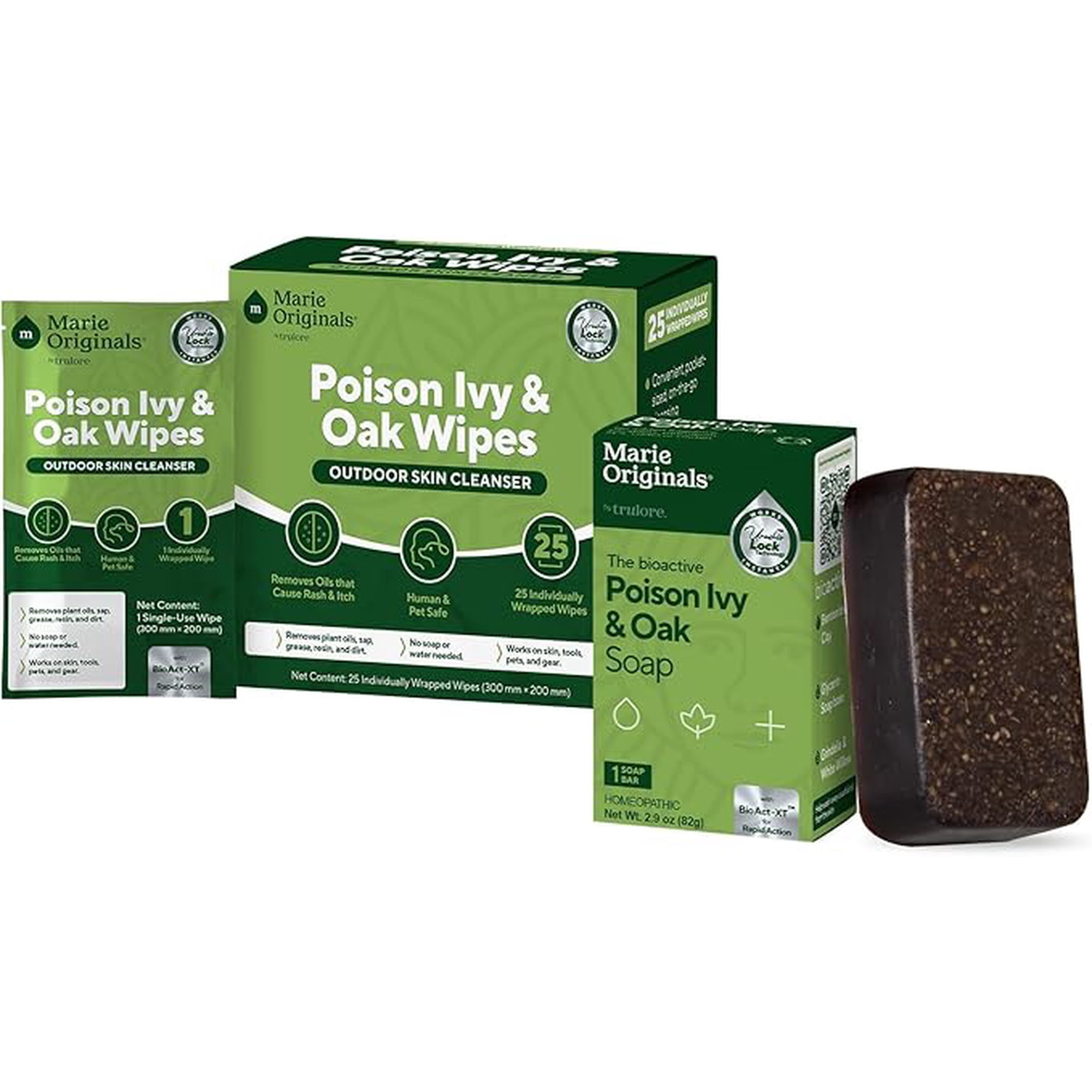 Marie Originals Poison Ivy & Oak Soap Bar + 25 Outdoor Wipes Bundle – 2.9 oz Soap & No-Water Wipes for Urushiol, Plant Oils, Hiking, Camping & Yard Work