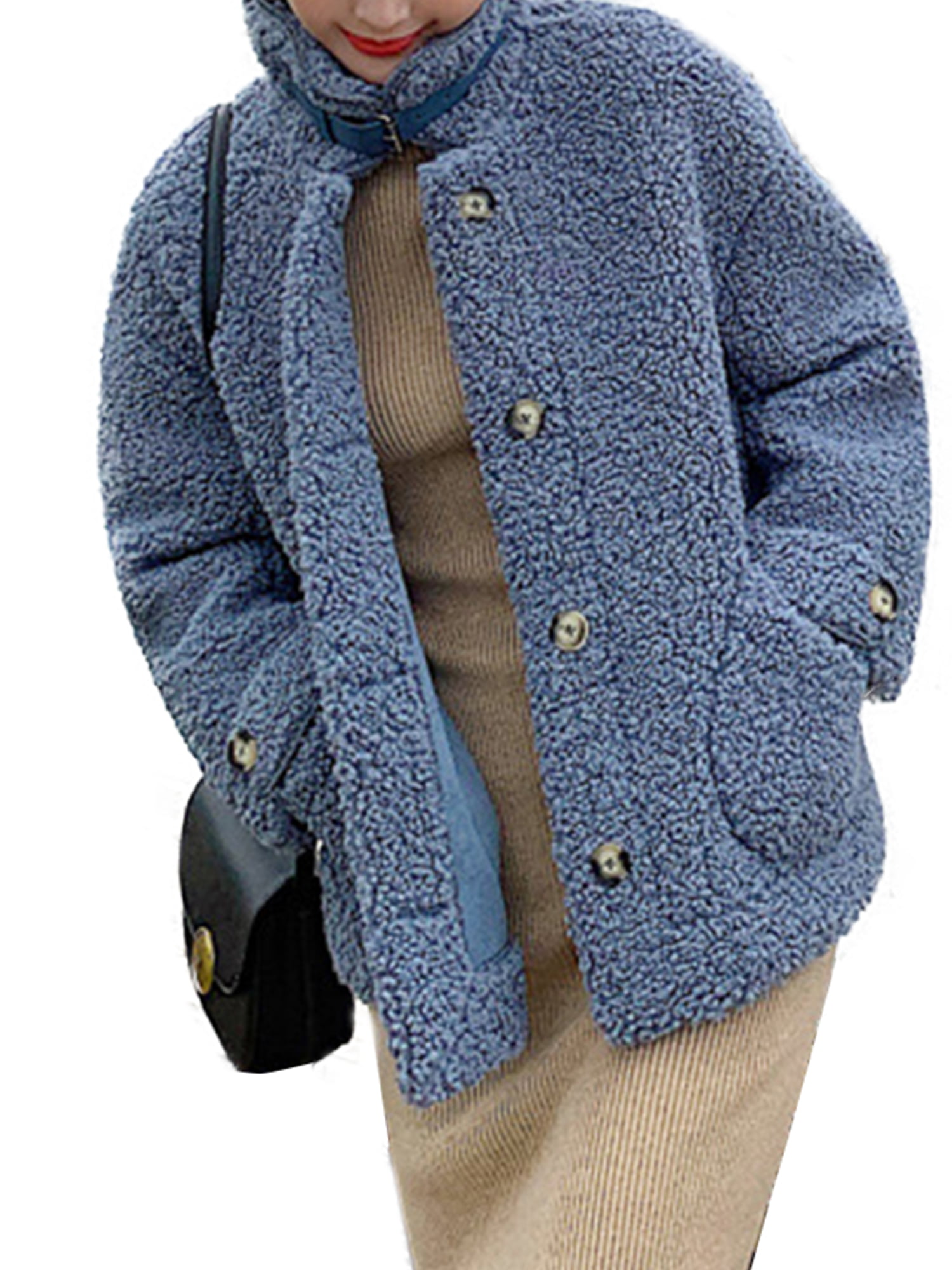 Wodstyle - Women's Teddy Bear Loose Jackets Warm Casual Buttons Fluffy