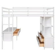Euroco Full Loft Bed Wood Frame Desk with Drawers and Shelf for Kids Teens, White