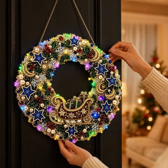 Christmas Diamond Painting Wreath Kit With Led Light, Diy Diamond Art Kits For Adults,Hanging Christmas Decorations For Xmas Door Wall Home Decor