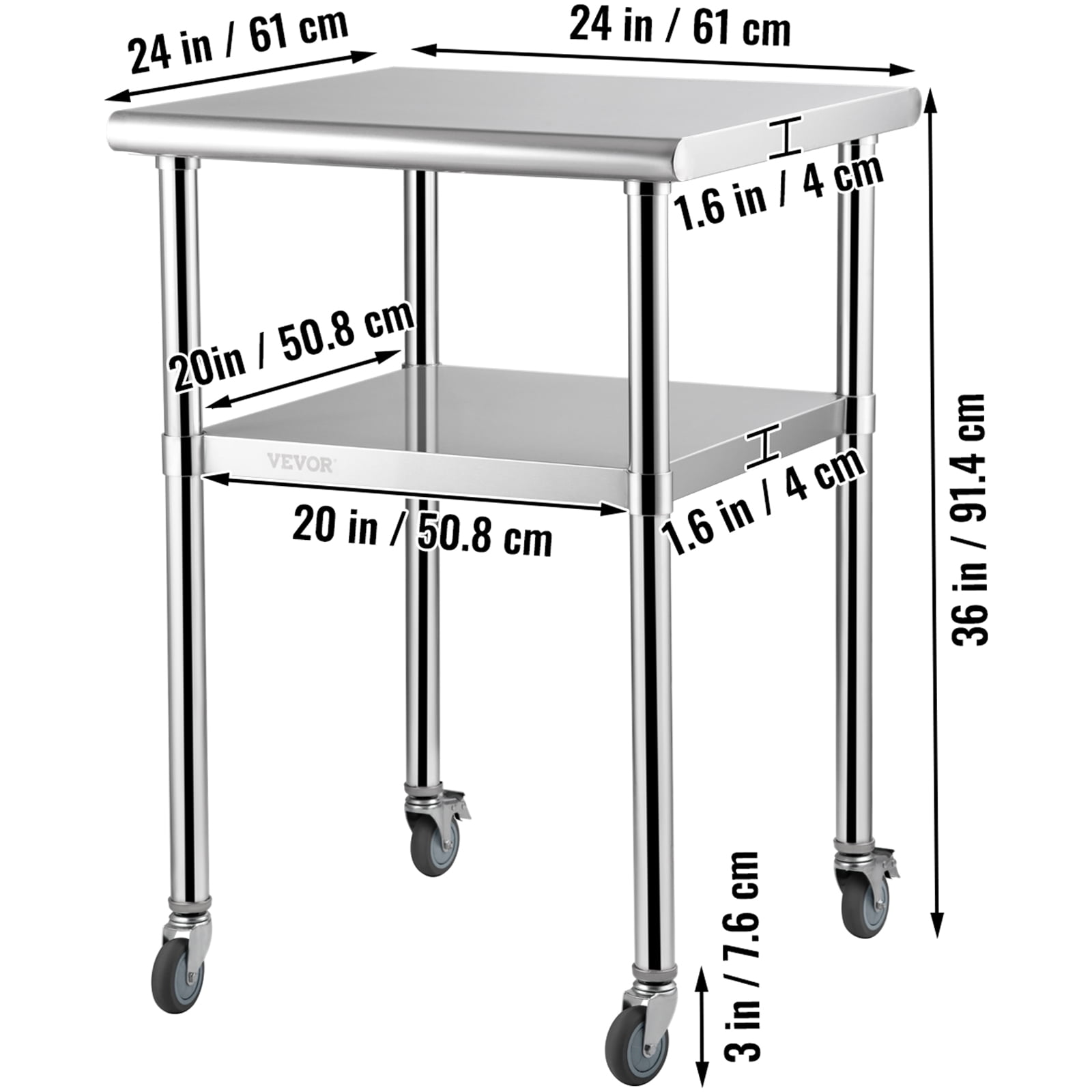 VEVOR Stainless Steel Prep Table, Heavy Duty Metal Worktable with Adjustable Undershelf & Universal Wheels, 600lbs Load Capacity, 24 x 24 x 36 inch