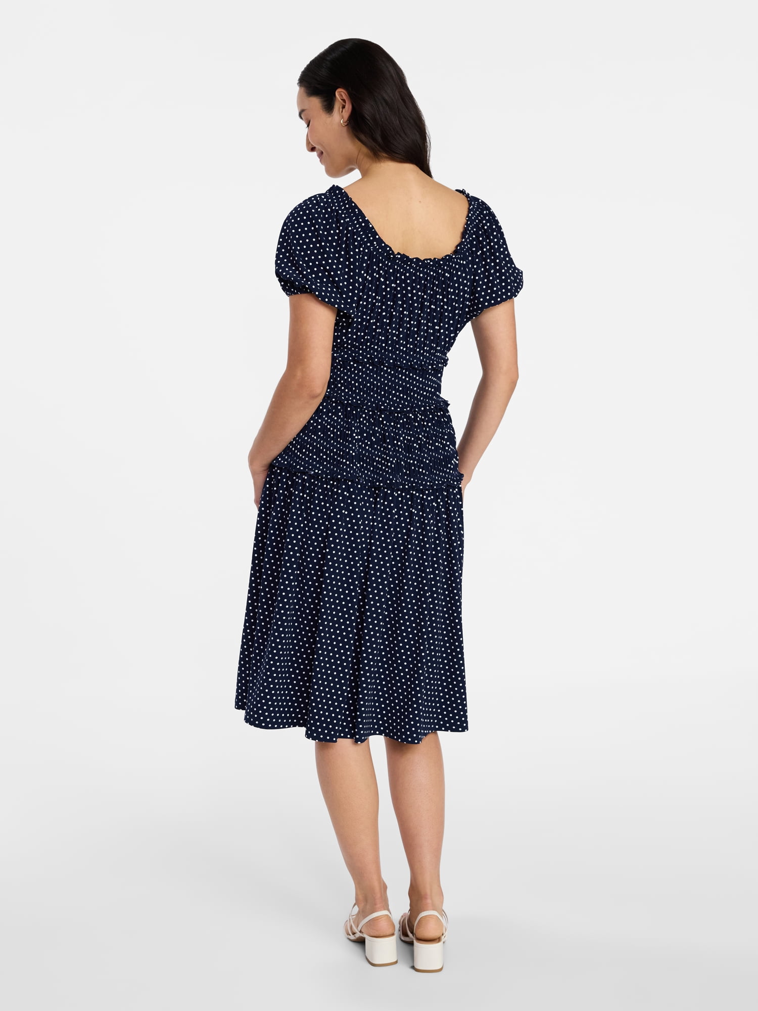 Time and Tru Women's Smocked Midi Dress with Short Puff Sleeves, Sizes XS-XXXL