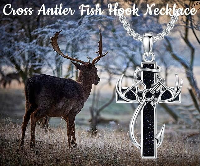 cross with deer antlers and fish hook Cross Necklace for Men - 925 Sterling Silver Cross Deer Antler Fish Hook  Pendant - Hunting Jewelry Gifts 22+2