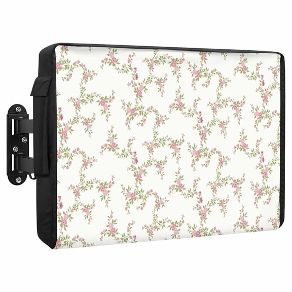 Pastoral Pink Flower Waterproof Outdoor TV Cover, Fall Leaf White Background Floral Country Outside Weatherproof TV Enclosures for 40 to 43 Inch LCD Television Shield Flat Screen Protectors