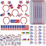120 Pcs Patriotic Party Favors Red White Blue Toy Assortments 4th of July Accessories USA Flags Headbands Glasses Beaded Necklaces Stickers for Independence Day Party Supplies Memorial Day