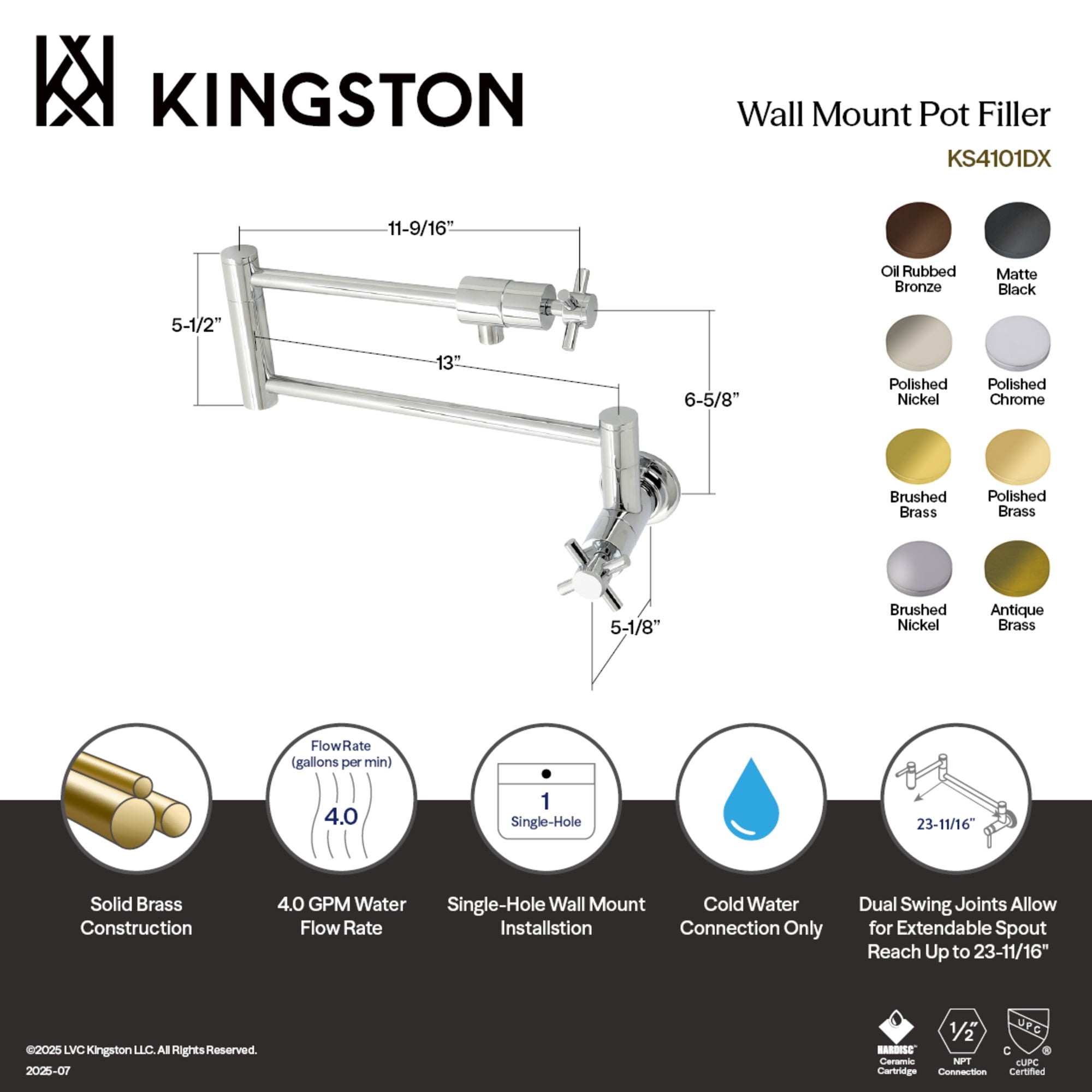 Kingston Brass KS4100DX Concord Two-Handle 1-Hole Wall Mount Pot Filler Faucet in Matte Black