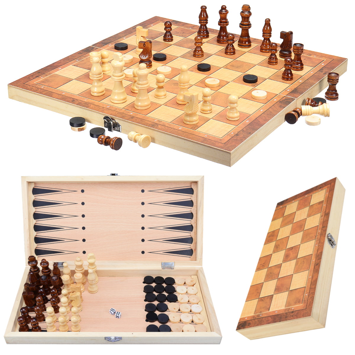 Large FOLDING WOODEN CHESS SET Board Game Checkers Backgammon Draughts Toys Gift 
