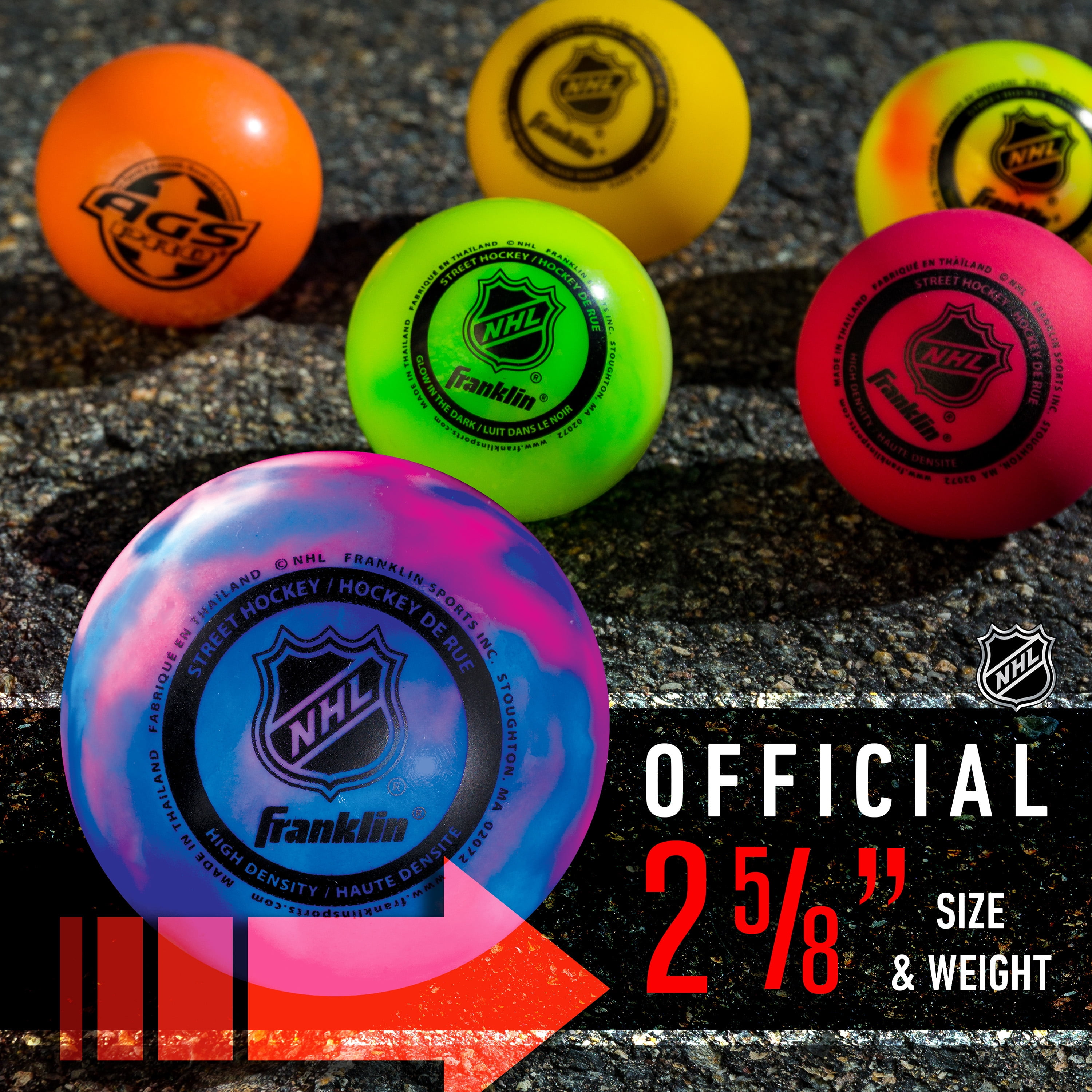 Franklin Sports NHL Street Hockey Balls, Outdoor Use, Low‑Bounce PVC – Multi‑Color, 3‑Pack