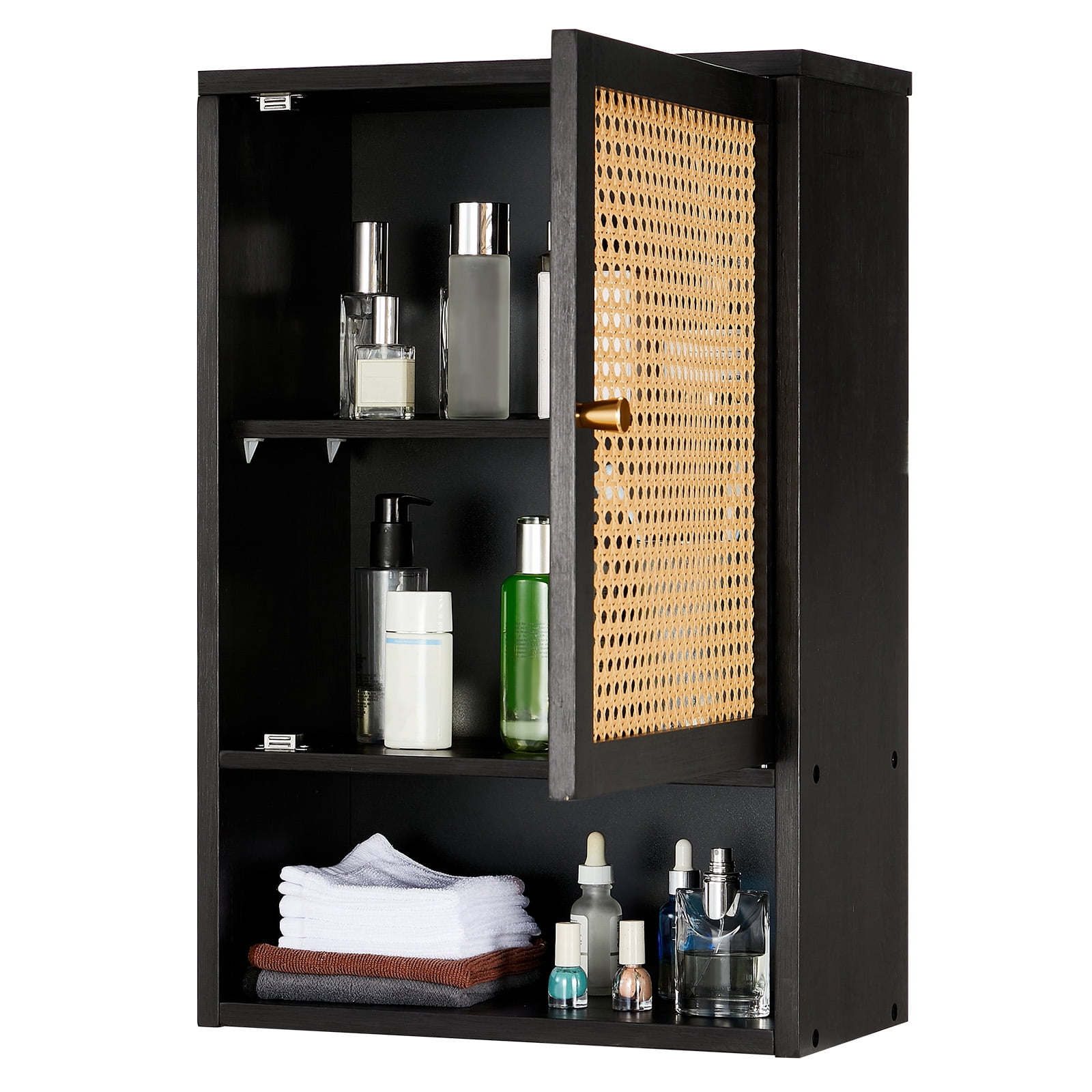 Garvee Bathroom Wall Cabinet, Bamboo Over-The-Toilet Storage Organizer with Rattan Doors and Adjustable Shelf, Space Saver Medicine Cabinet for Laundry, Kitchen, Living Room and Home Office Black