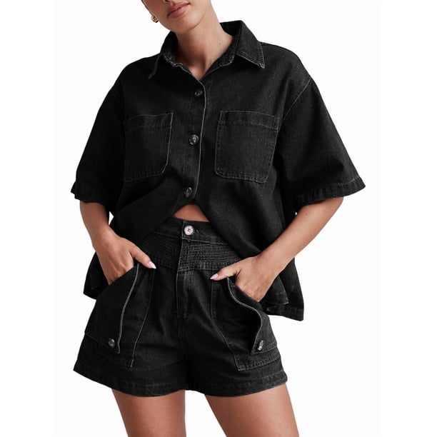 Conjuntos de 2 Piezas para Mujer: Camisa Vaquera Azul de Corta con Botones y Pantalones Cortos de Mezclilla de Cintura Alta. Negro XL