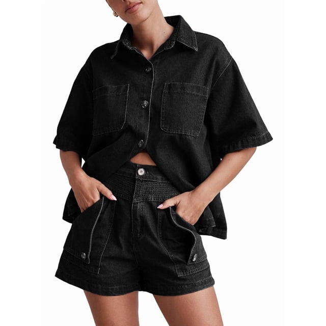 Conjuntos de 2 Piezas para Mujer: Camisa Vaquera Azul de Corta con Botones y Pantalones Cortos de Mezclilla de Cintura Alta. Negro XXL