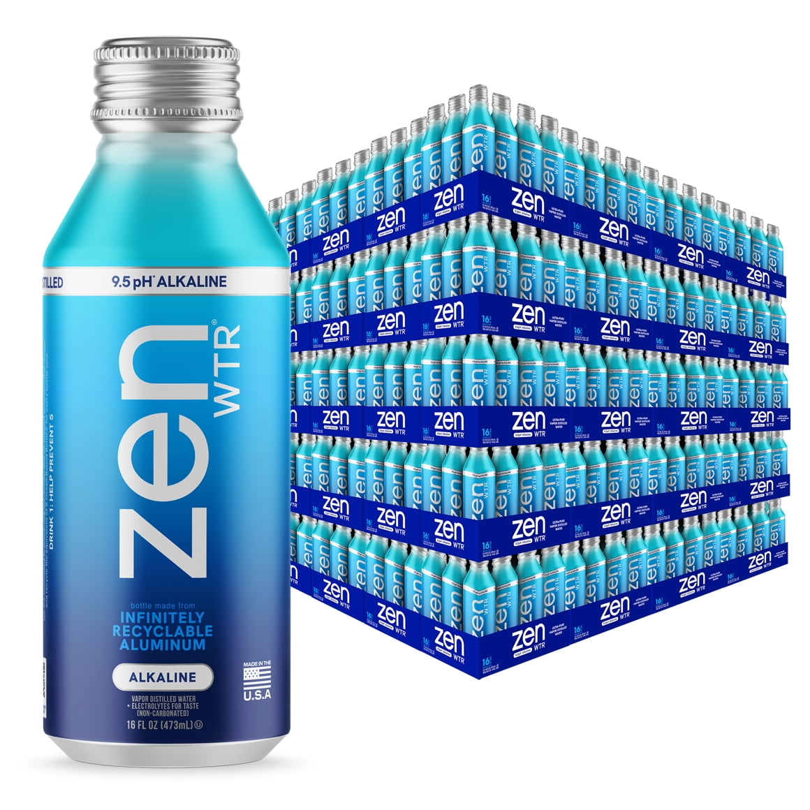 ZenWTR Ultra-Pure, Vapor Distilled Water, 16 OZ (Pack of 12) Bottled Water, 9 pH Alkaline Water with Electrolytes for a crisp, refreshing taste in an infinitely recyclable aluminum bottle.