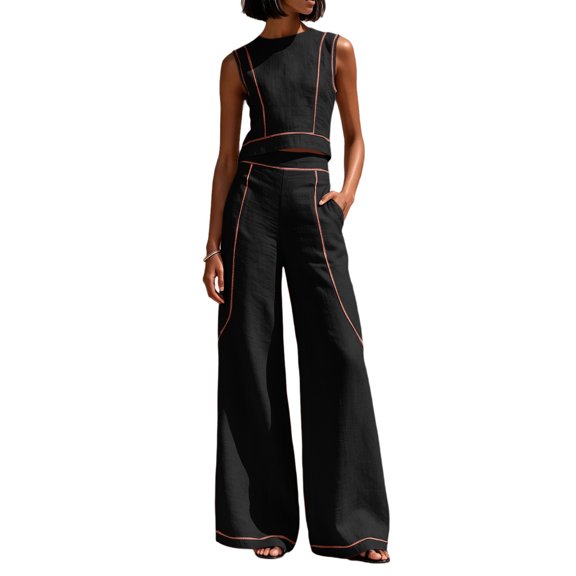 Szluipve 2 Piece Sets for Women Contrast Stitch 2 Piece Outfits Sleeveless Round Neck Crop Tank Top & High Waist Wide Leg Long Pants Elegant Casual Matching Set with Pockets Dark Gray S