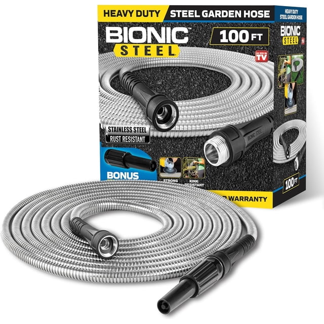 Bionic Steel boyau d’arrosage en acier inoxydable robuste 100 pi x 5/8 po 500 PSI pour l’extérieur avec buse de pulvérisation sans plis