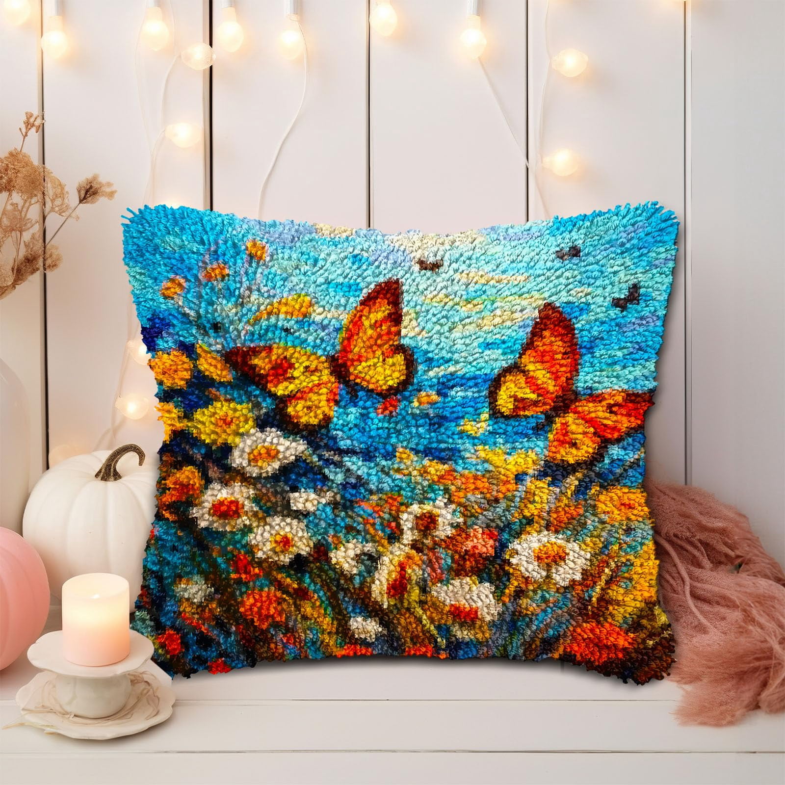 Butterflies and Wild Daisy DIY Latch Hook Pillow Kits for Adults Printed Pillowcase Crochet Yarns Hooking Handmade Pillow Cover Cushion for Home Sofa Decoration 17x17inch
