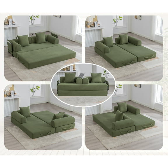 MOONMISS Corduroy Upholstered Modern Comfort Foldable Compressible Sofa Bed with Sturdy Metal Frame-Olive Green