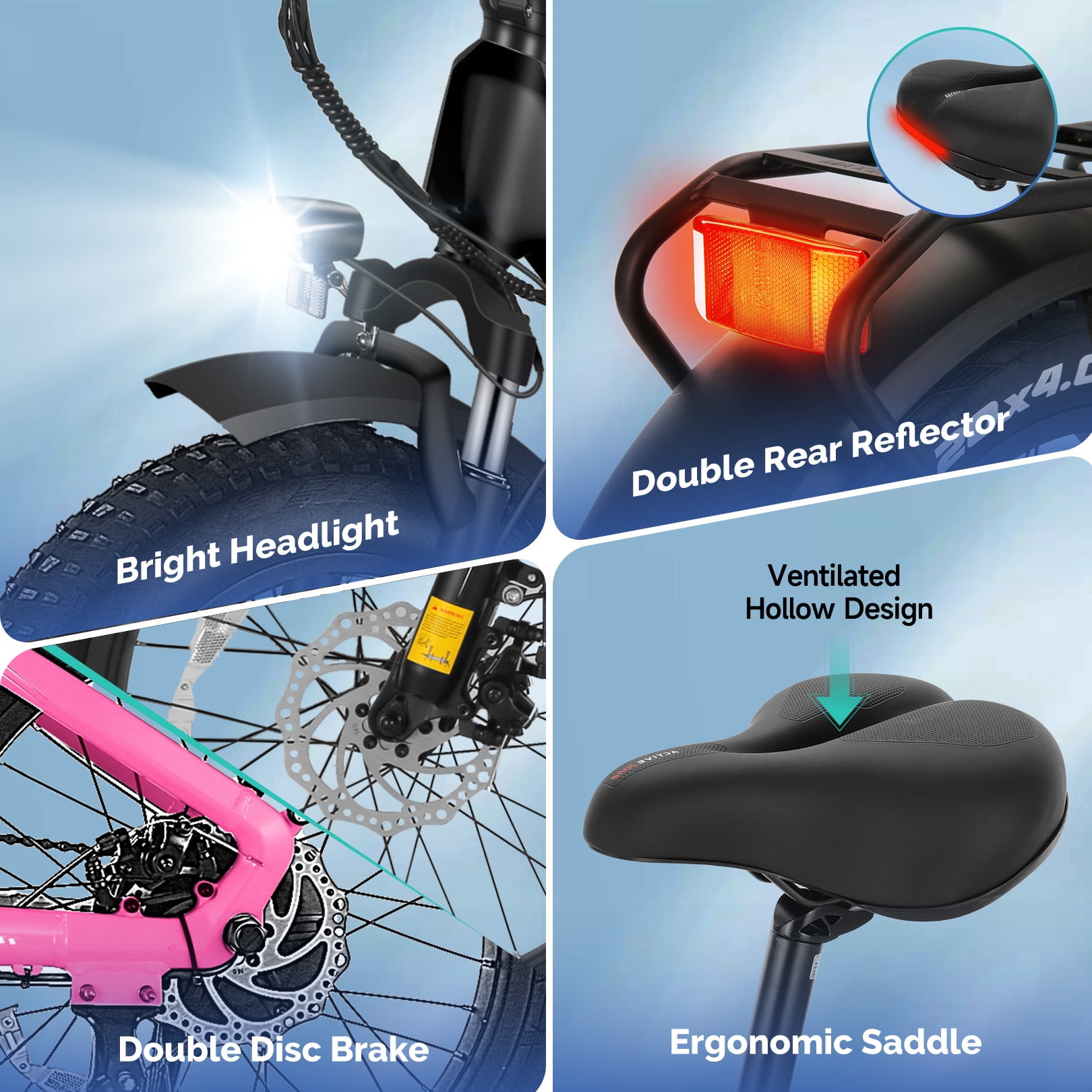 Elifine 500W Peak 1025W Electric Bike for Adults 20"x4" Fat Tire Shimano 7 Speed Ebike UL2849 Pink