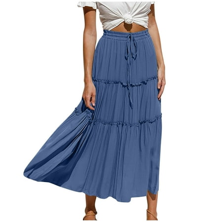 

Charella Women Summer Fashion Solid Casual Drawstring Slim Midi Maxi Party Skirt Blue XL