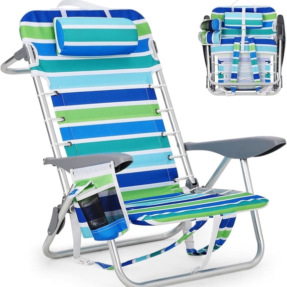 Riedhoff Portable Beach Chair with Adjustable Backrest and Cup Holders- 1 Unit, Ocean Striped