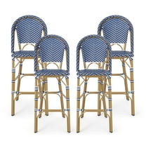 GDF Studio Grelton Outdoor French 29.5 inch Barstools, Set of 4, Dark Teal, White, and Bamboo Finish